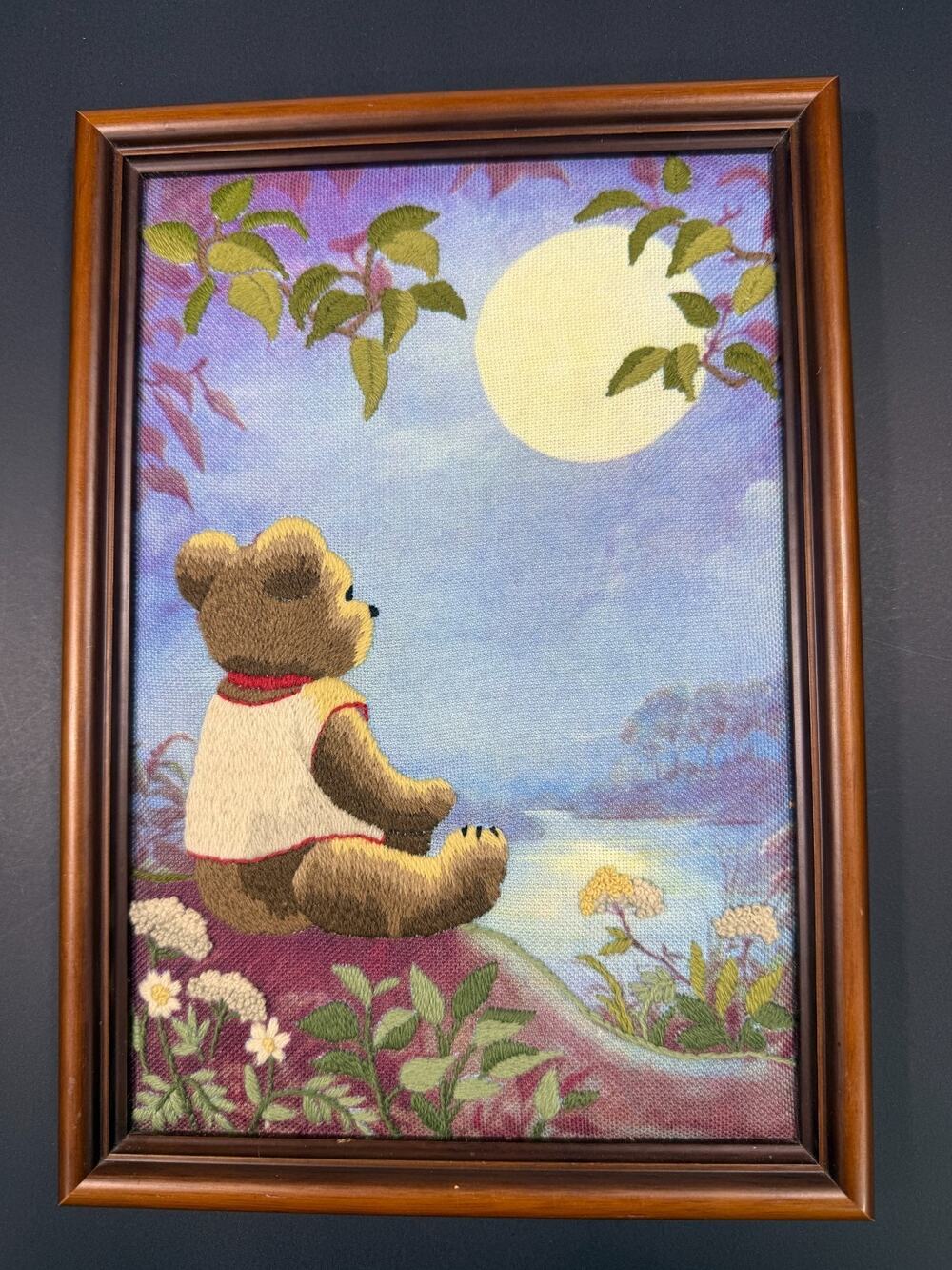 Vintage Completed Framed Moonlight Teddy Crewel Embroidery Needle Treasures 9x12